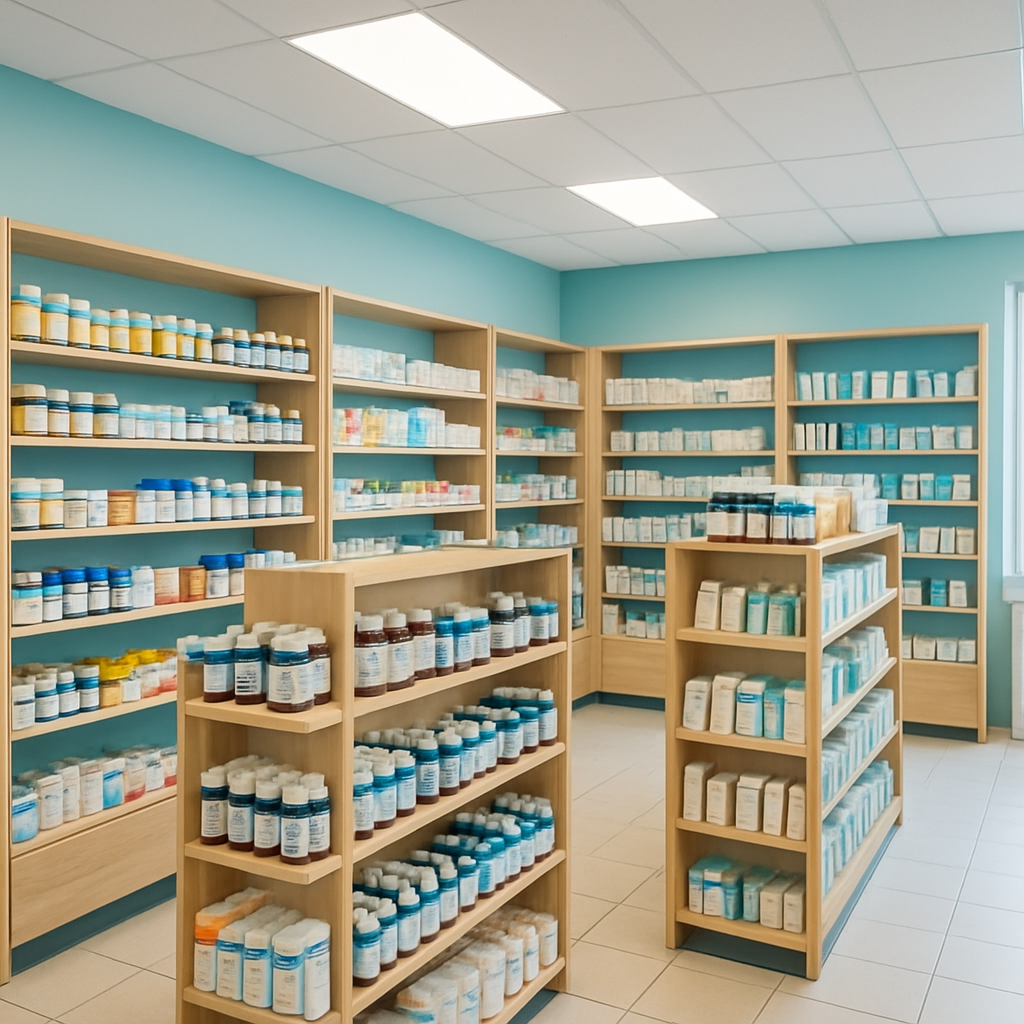 Well-stocked shelves inside Caringbah Village Pharmacy showing vitamins and health products