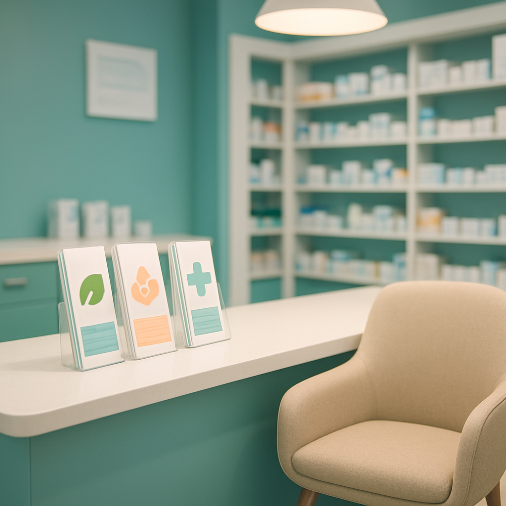 A welcoming pharmacy consultation area with health brochures
