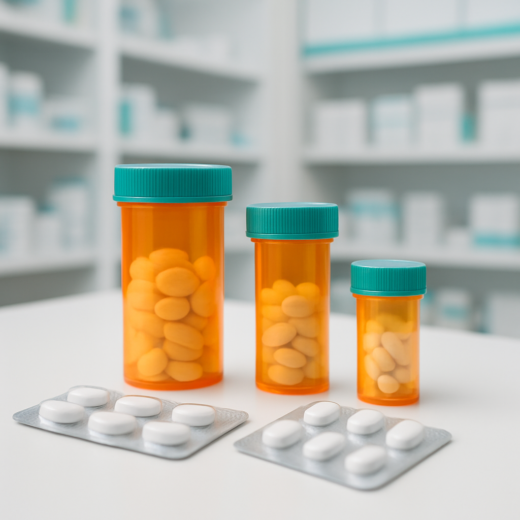 Prescription medication bottles and blister packs on a pharmacy counter