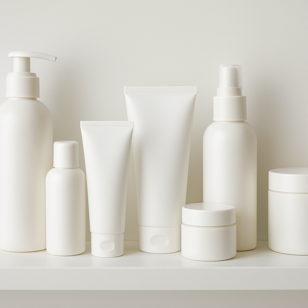 Skincare and personal care products displayed on a clean pharmacy shelf
