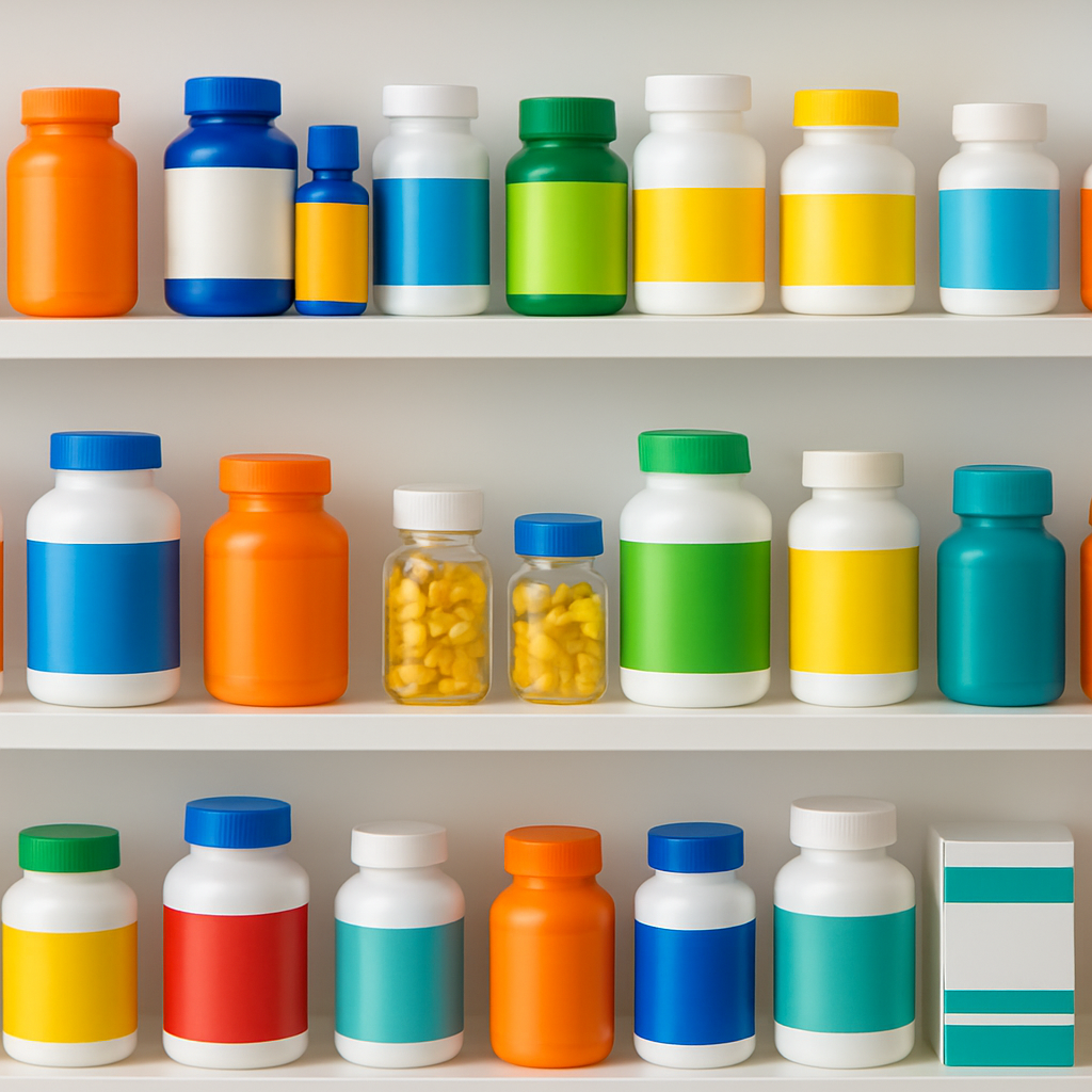 Vitamin bottles and health supplement containers on pharmacy shelves